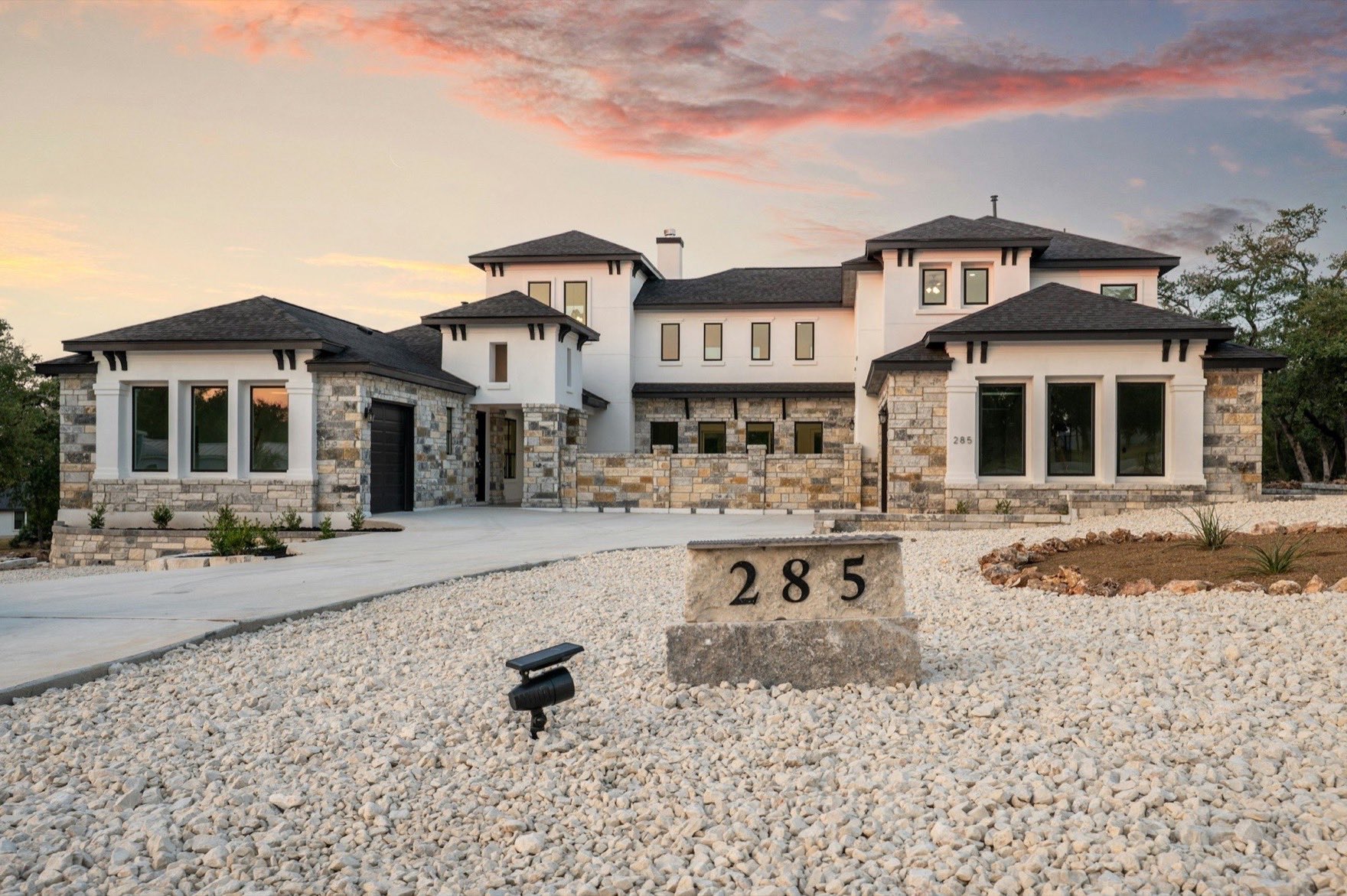 A Texas Hill Country home in the Austin area at golden hour